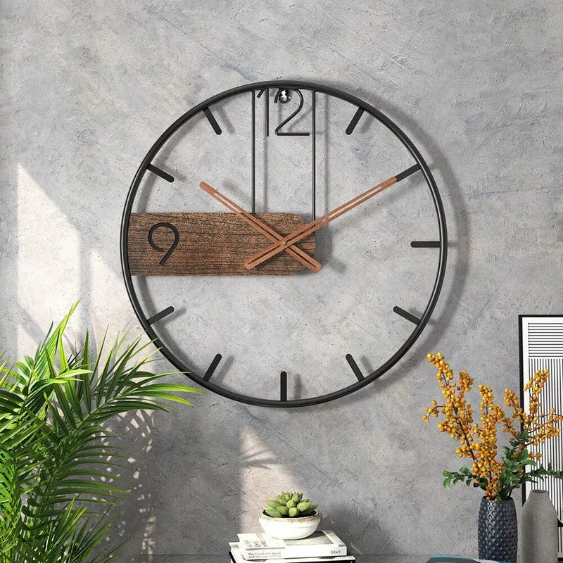 Stalen wandklok met walnootaccent – industrieel design met warm hout – modern uurwerk voor woonkamer, kantoor of keuken – ø 40 cm | Sansoti