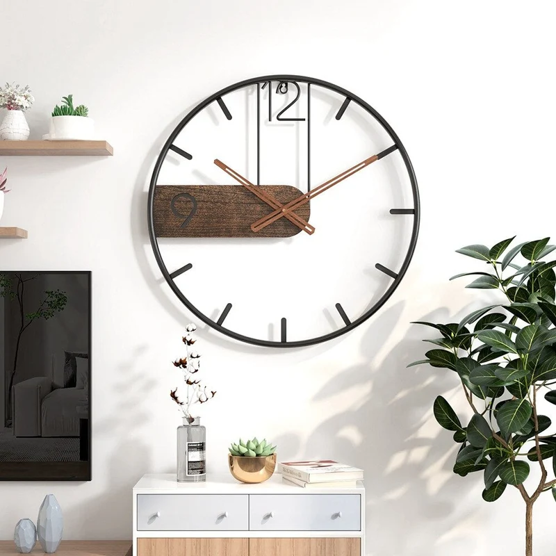 Stalen wandklok met walnootaccent – industrieel design met warm hout – modern uurwerk voor woonkamer, kantoor of keuken – ø 40 cm | Sansoti