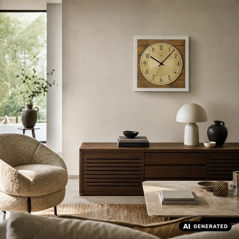AMS F5563 Wanduhr Antikmessing • Funkwerk • Holz auf Mineralglas