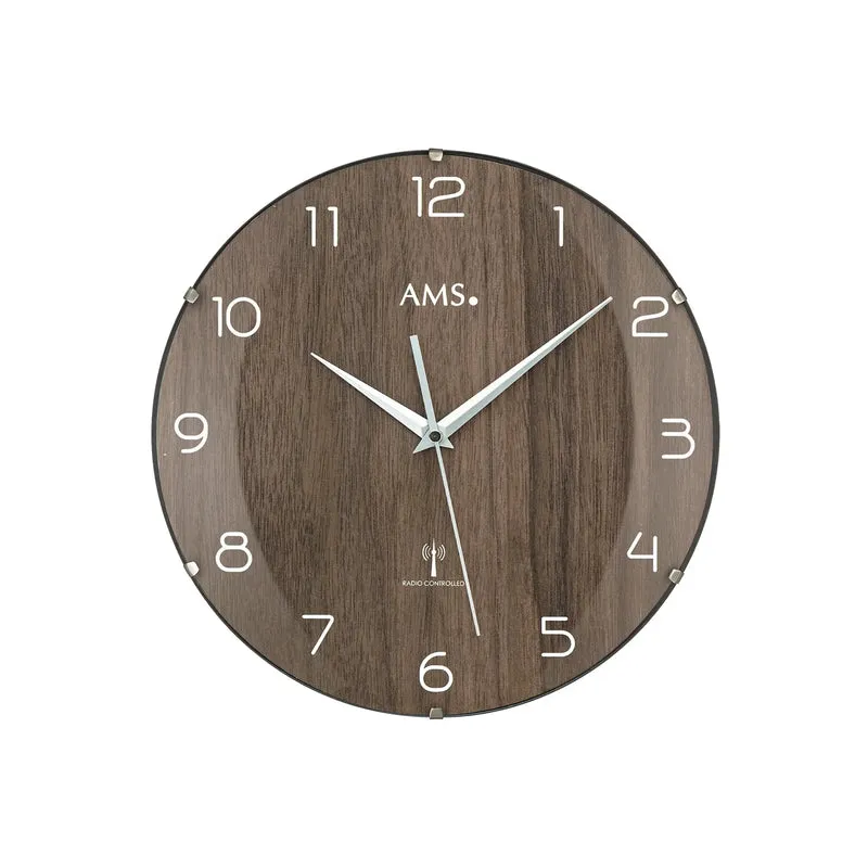 AMS Funk-Wanduhr F5558 Wanduhr Nussbaum • Funkwerk • Gewölbtes Glas
