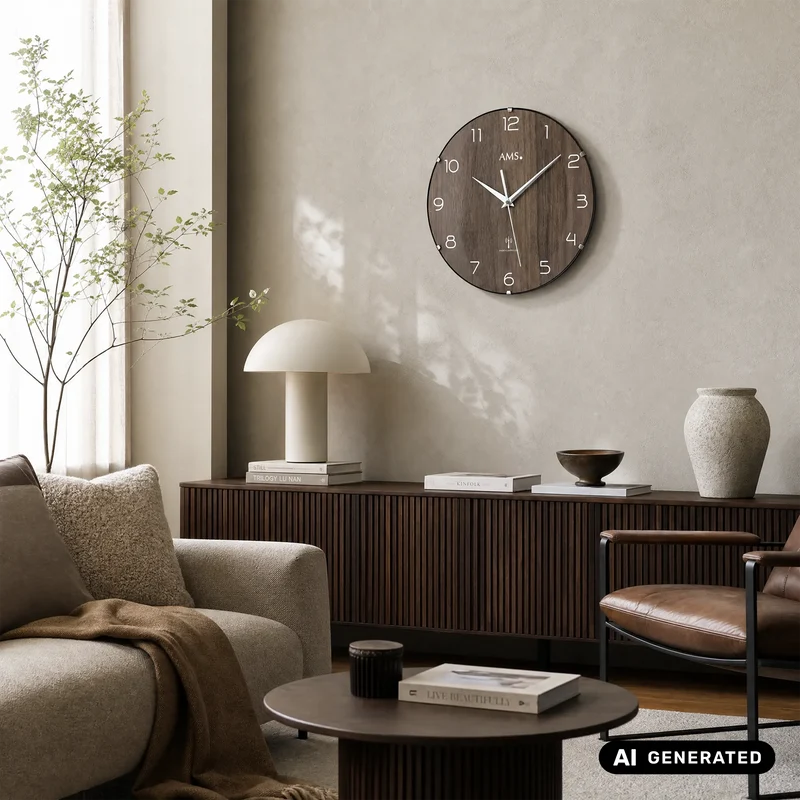 AMS Funk-Wanduhr F5558 Wanduhr Nussbaum • Funkwerk • Gewölbtes Glas