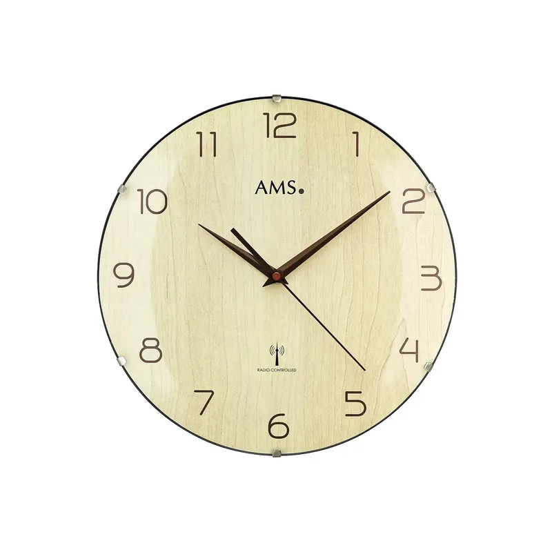 AMS Funk-Wanduhr F5557 Wanduhr Nussbaum • Funkwerk • Gewölbtes Glas