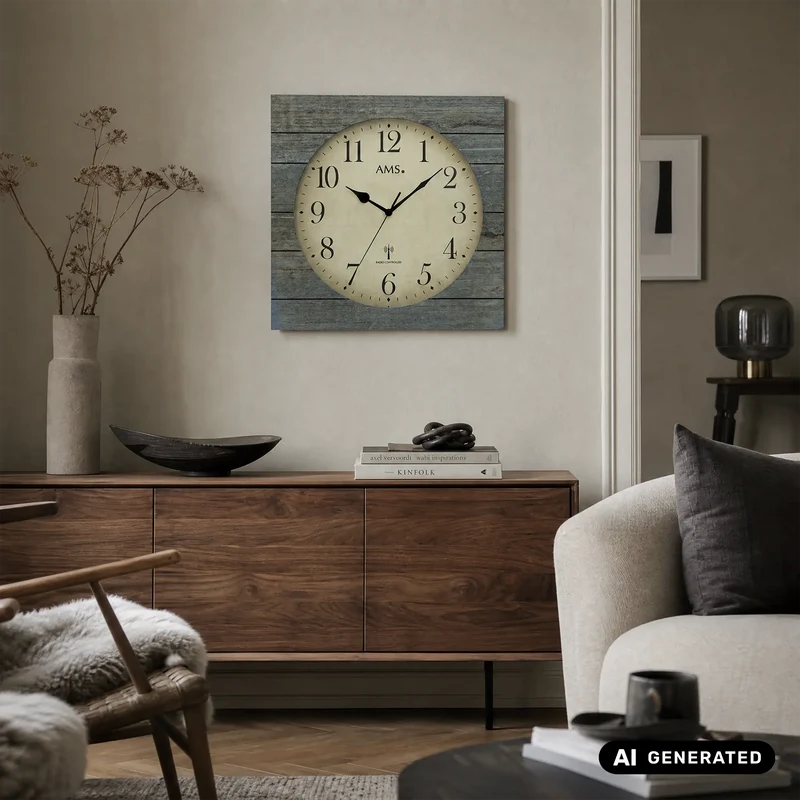 AMS F5549 Wanduhr Holzstruktur Grau • Funkwerk • Mineralglas