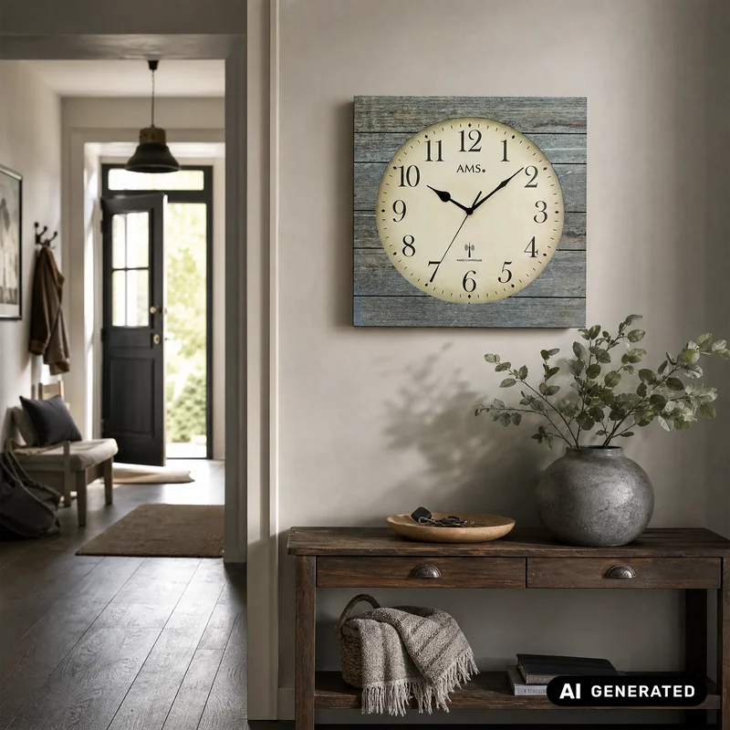 AMS F5549 Wanduhr Holzstruktur Grau • Funkwerk • Mineralglas