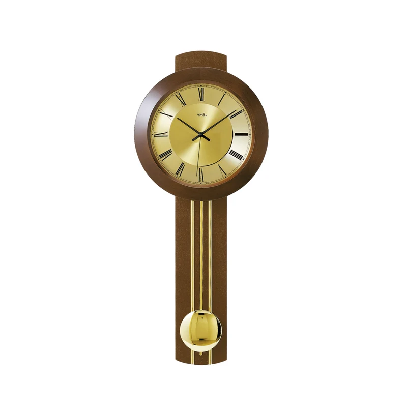 AMS F5132/1Q Wanduhr Nussbaum • Quarz-Pendelwerk • Messingfarbene Applikationen
