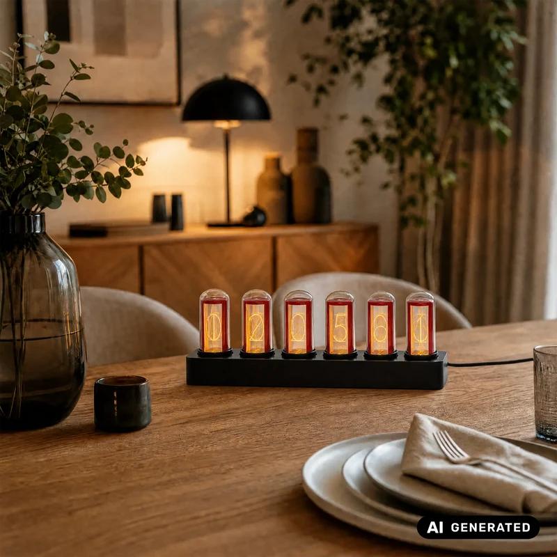 AMS Nixie T1319 Tischuhr Rotbraun • Retro-Glasröhren-Design • LED-Farbwechsel