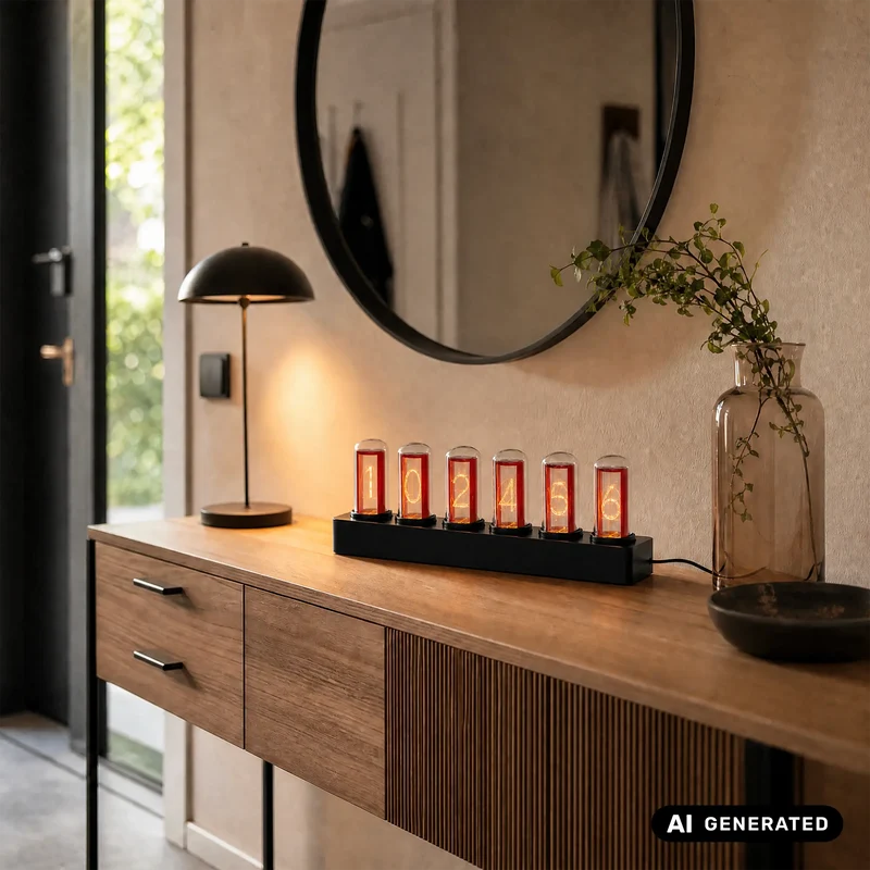 AMS Nixie T1319 Tischuhr Rotbraun • Retro-Glasröhren-Design • LED-Farbwechsel
