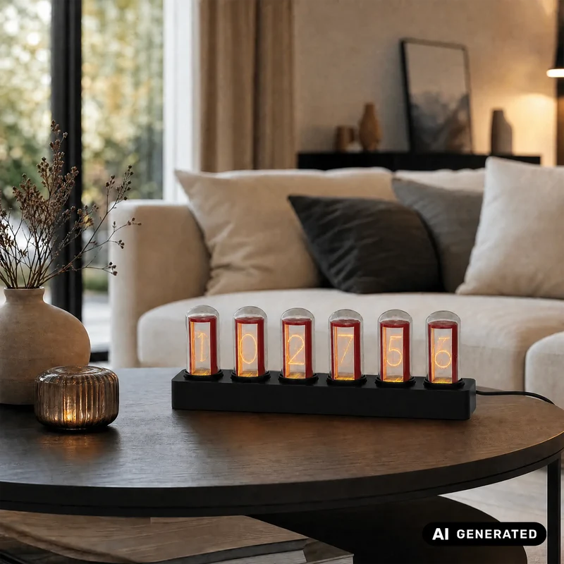 AMS Nixie T1319 Tischuhr Rotbraun • Retro-Glasröhren-Design • LED-Farbwechsel