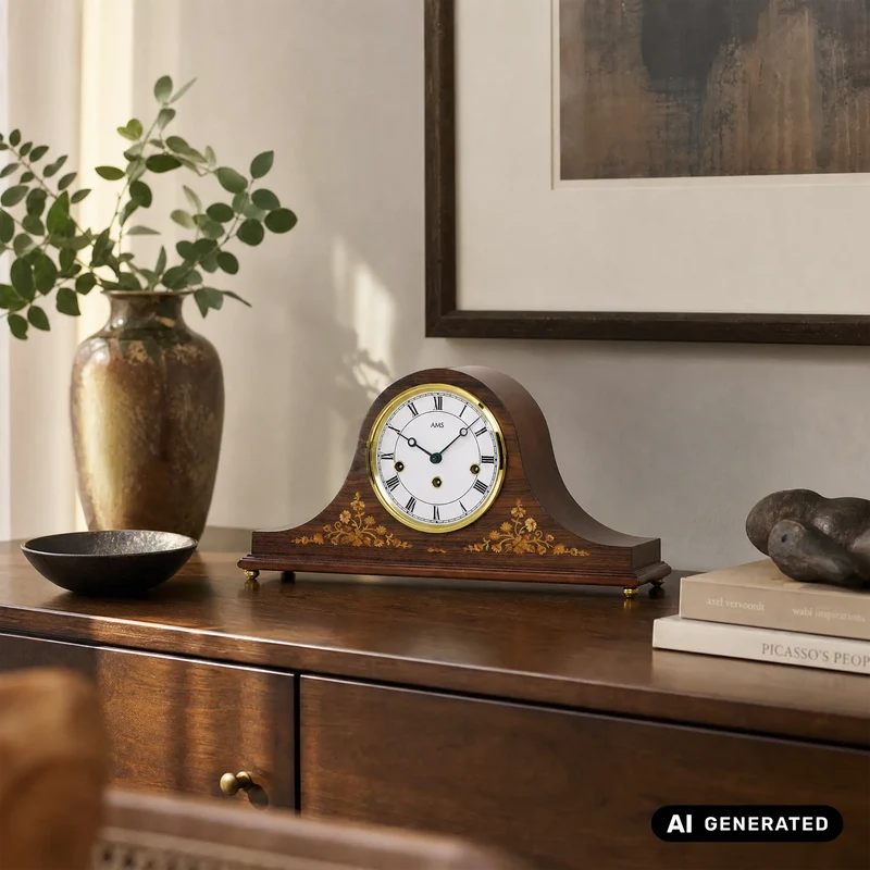 AMS T2188/1 Tischuhr Nussbaum • 8-Tage Westminster Schlagwerk • Nussbaumfurnier mit Intarsien