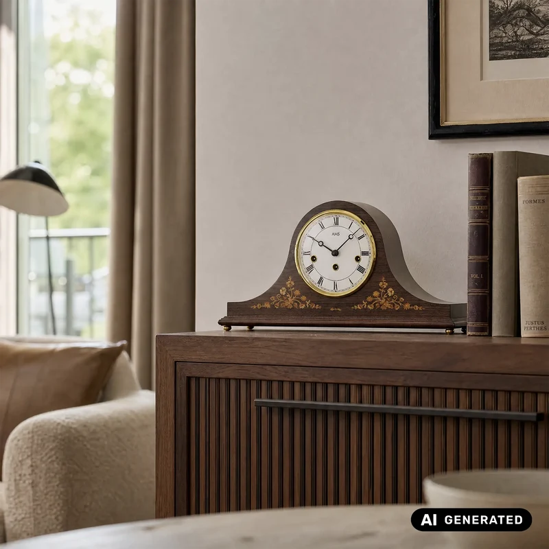 AMS T2188/1 Tischuhr Nussbaum • 8-Tage Westminster Schlagwerk • Nussbaumfurnier mit Intarsien