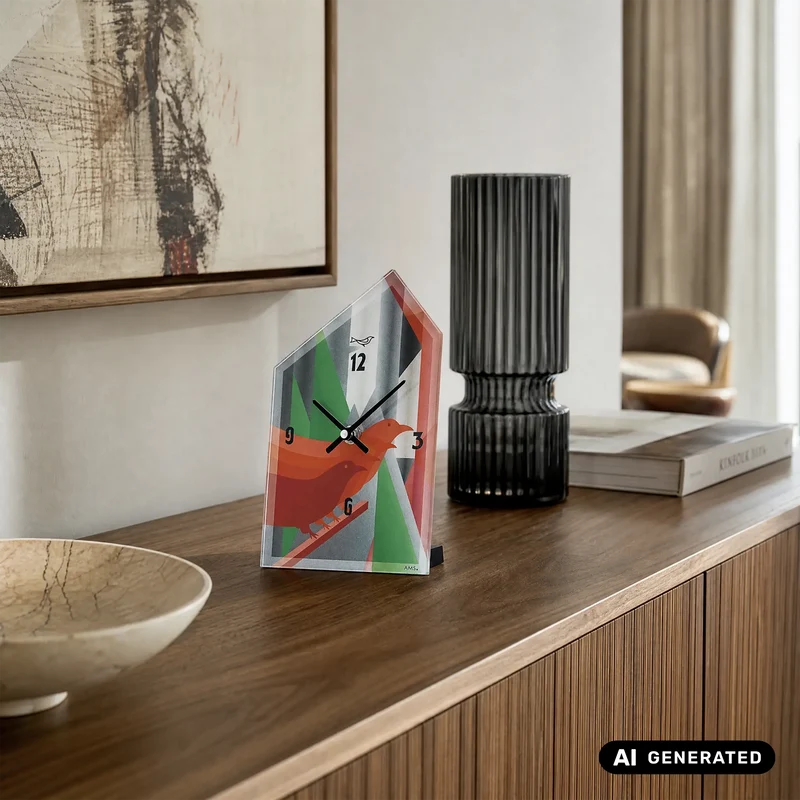 AMS T1254 Tischuhr Rot • Quarzwerk • Vogel-Design