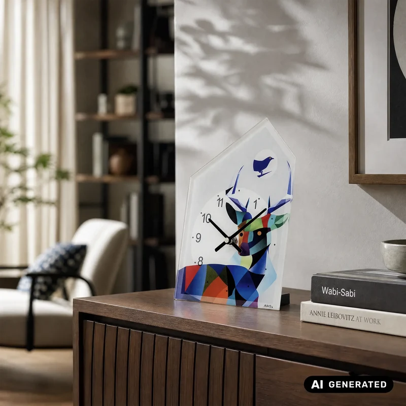 AMS T1252 Tischuhr Blau • Quarzwerk • Hirsch-Design mit Acrylglas