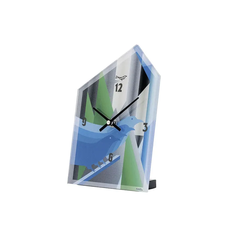 AMS T1253 Tischuhr Blau • Quarzwerk • Vogel-Design mit Acrylglas