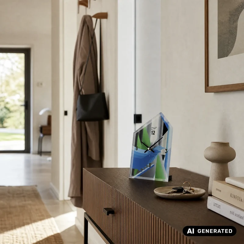 AMS T1253 Tischuhr Blau • Quarzwerk • Vogel-Design mit Acrylglas