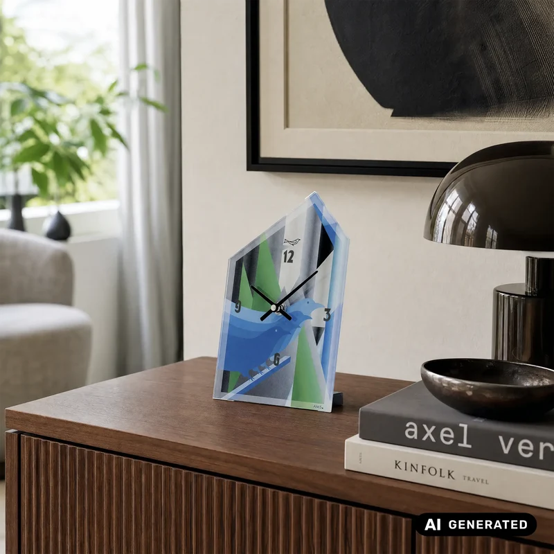 AMS T1253 Tischuhr Blau • Quarzwerk • Vogel-Design mit Acrylglas