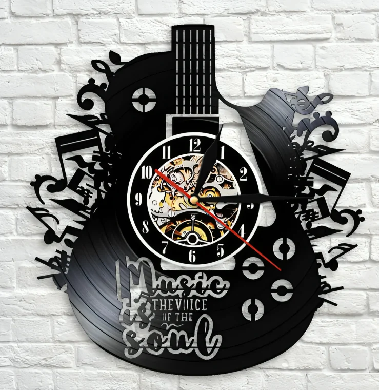 Gitaar Wandklok met Vinylplaat-Ontwerp – Originele Decoratie voor Muziekliefhebbers | Sansoti
