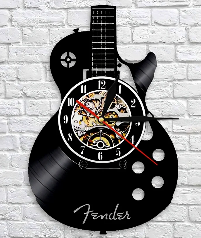 Gitaar Wandklok met Vinylplaat-Ontwerp – Originele Decoratie voor Muziekliefhebbers | Sansoti