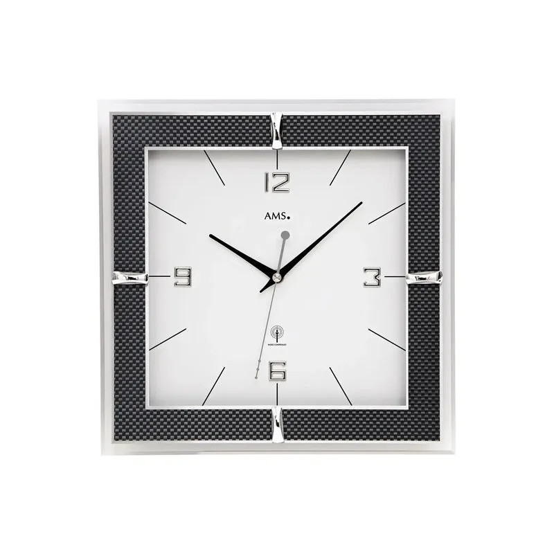 AMS Funk-Wanduhr F5855 Wanduhr Schwarz • Funkwerk mit Mineralglas • Carbon-Applikation