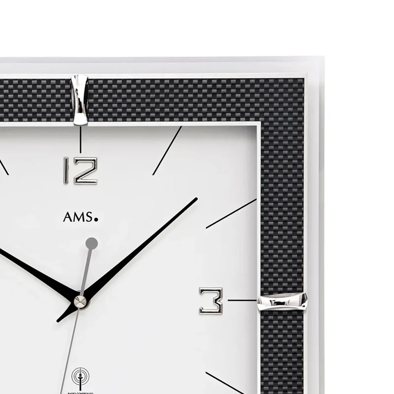 AMS Funk-Wanduhr F5855 Wanduhr Schwarz • Funkwerk mit Mineralglas • Carbon-Applikation