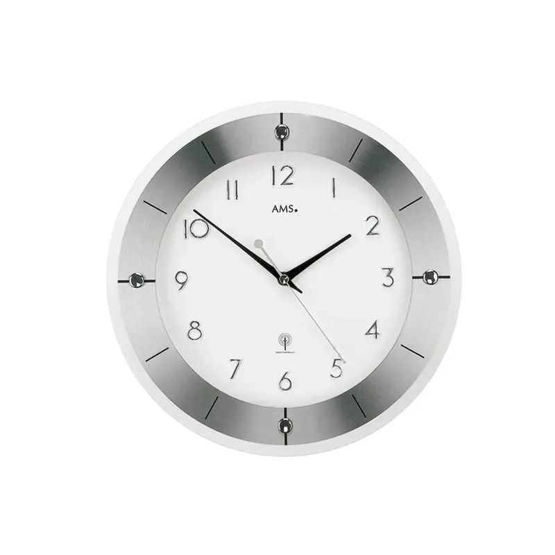 AMS Tauplitz F5848 Wanduhr Silber • Facettiertes Mineralglas • Funk-Uhrwerk