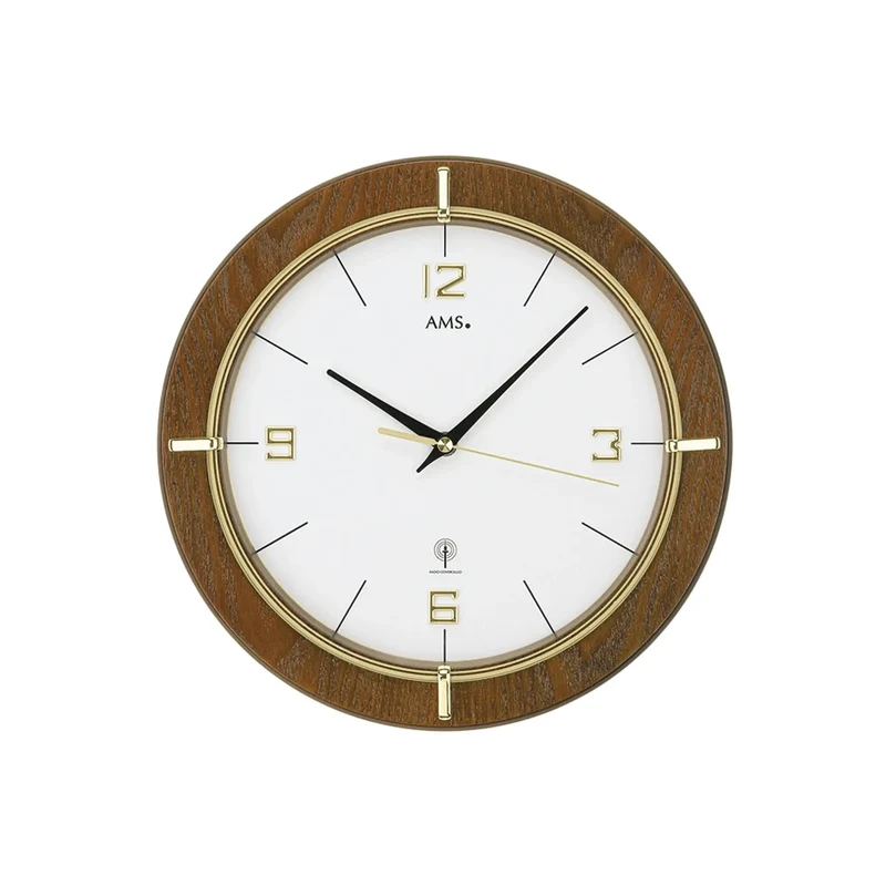 AMS Funk-Wanduhr F5832 Wanduhr Nussbaum • Funkwerk • Mineralglas mit Goldaufdruck