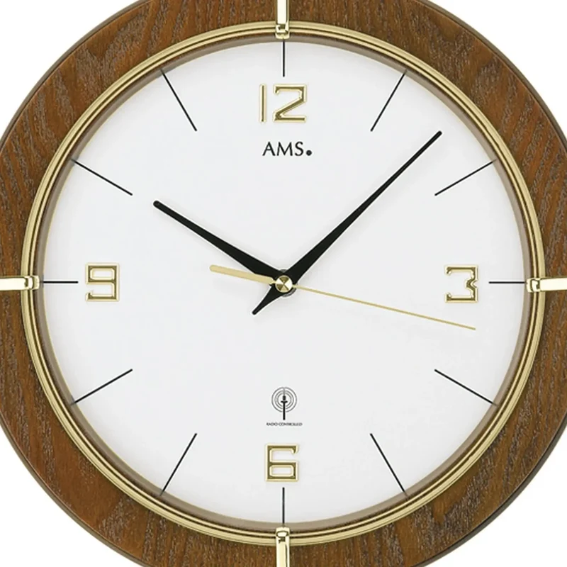 AMS Funk-Wanduhr F5832 Wanduhr Nussbaum • Funkwerk • Mineralglas mit Goldaufdruck