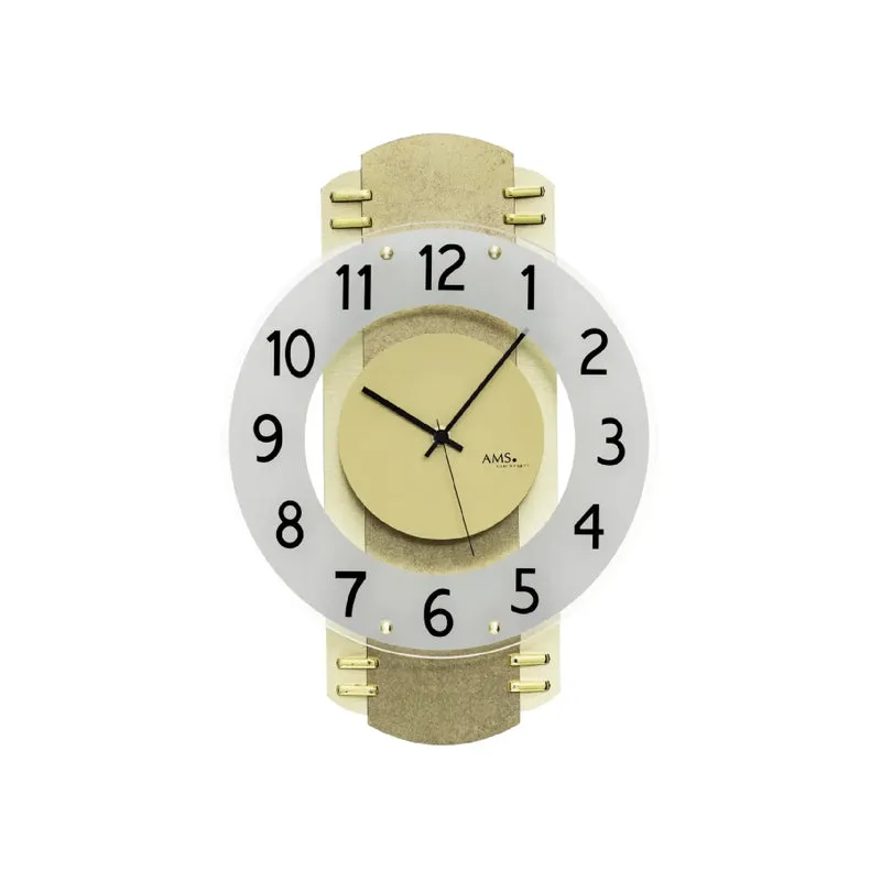 AMS F5619 Funk-Wanduhr Messingantik • Funkwerk mit Holzgehäuse • Satiniertes Mineralglas