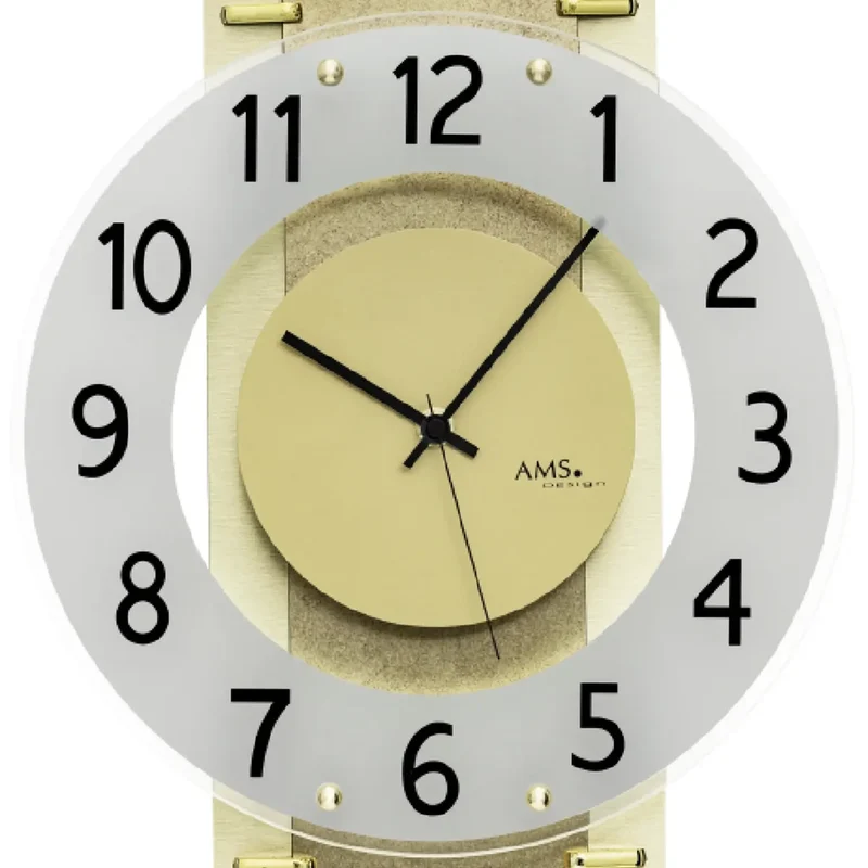 AMS F5619 Funk-Wanduhr Messingantik • Funkwerk mit Holzgehäuse • Satiniertes Mineralglas