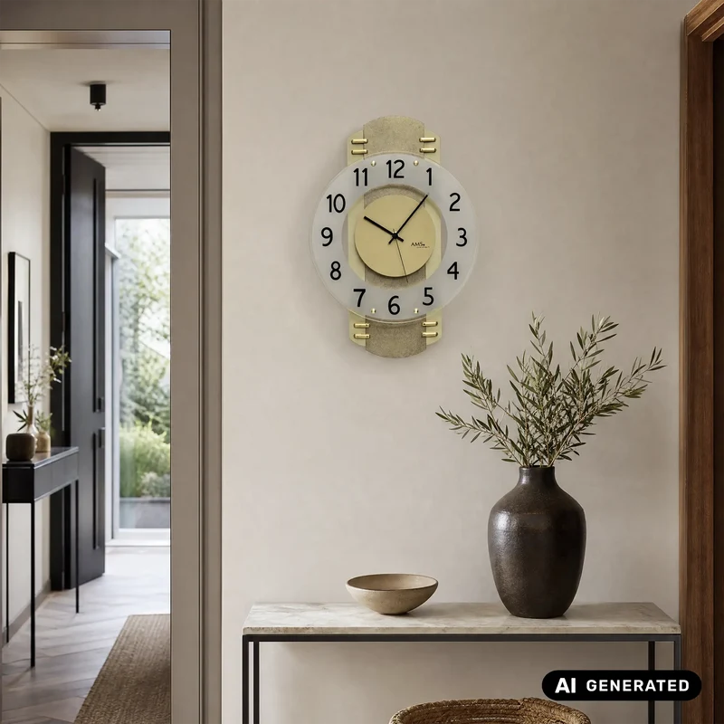 AMS F5619 Funk-Wanduhr Messingantik • Funkwerk mit Holzgehäuse • Satiniertes Mineralglas