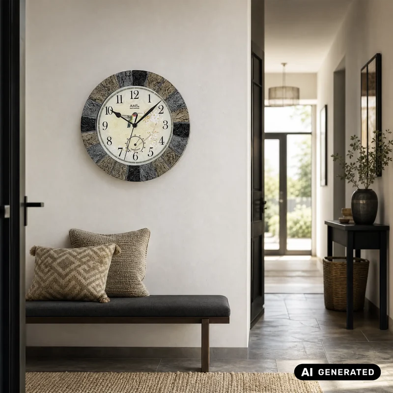 AMS Funk-Wanduhr F5979 Wanduhr Schwarz • Funkwerk mit Temperaturanzeige • Mineralglas