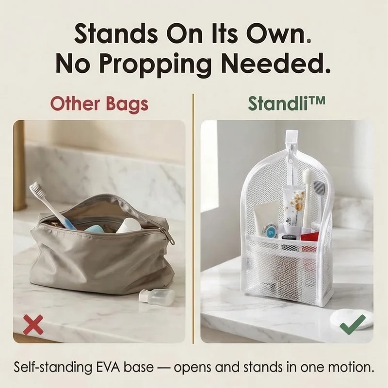 Staande Reistoilettas – Zelfstandige Travel Organizer met Verdelers voor Tandenborstel, Tandpasta en Accessoires | Sansoti
