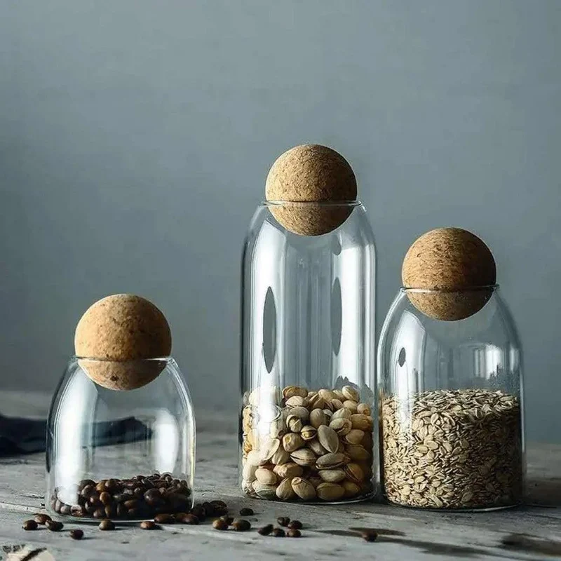 Glazen Opbergset met Kurkdeksels – 3-delige Bewaarpottenset – Eco-Friendly & Luchtdicht – 500ml, 800ml & 1200ml | Sansoti