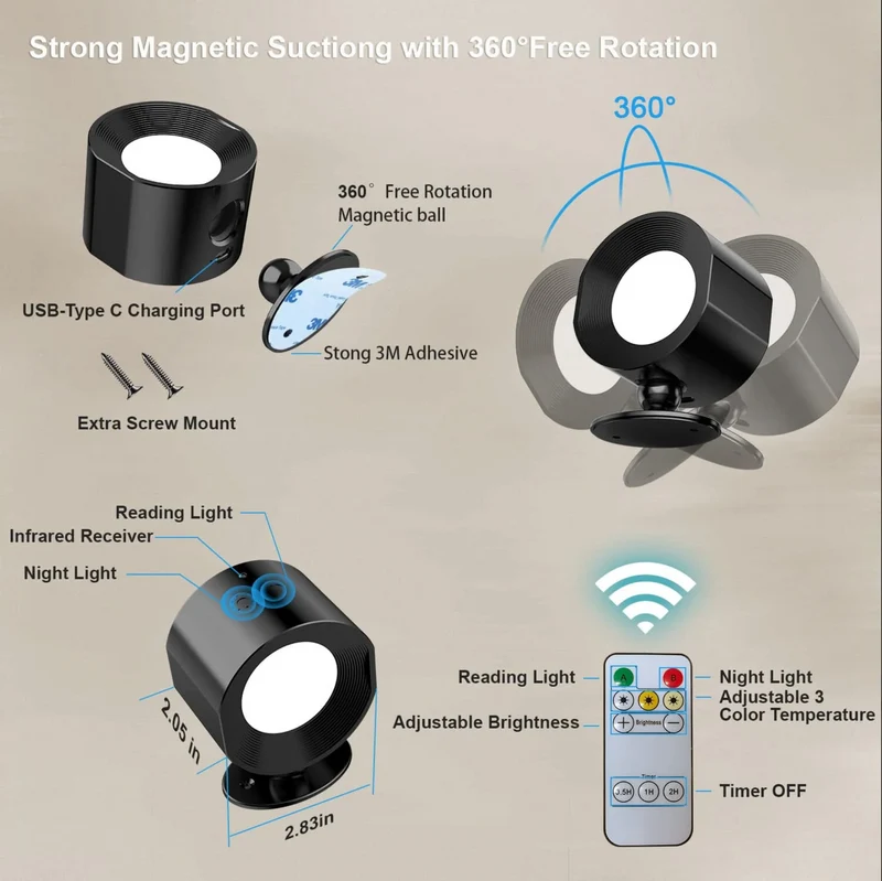 Draadloze Wandlamp met Afstandsbediening – Magnetisch Dimbaar Leeslampje voor Slaapkamer en Woonkamer | Sansoti