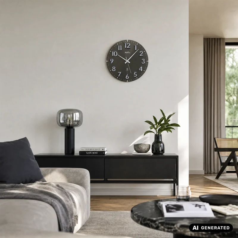 AMS F5974A Wanduhr Naturholz • Funkwerk • Gewölbtes Mineralglas