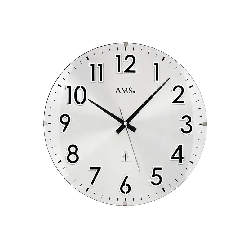 AMS Funk-Wanduhr F5973 Wanduhr Silber • Funkuhrwerk • Gewölbtes Mineralglas