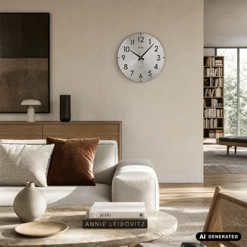 AMS Funk-Wanduhr F5973 Wanduhr Silber • Funkuhrwerk • Gewölbtes Mineralglas