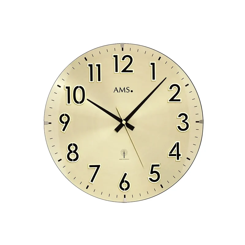 AMS Funk-Wanduhr F5974 Wanduhr Gold • Funkuhrwerk • Gewölbtes Mineralglas