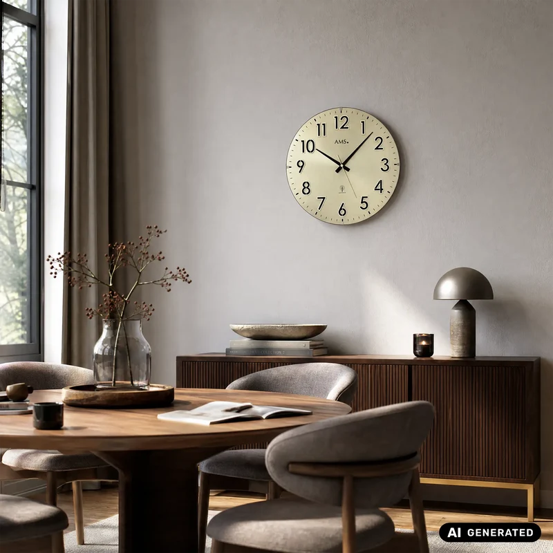 AMS Funk-Wanduhr F5974 Wanduhr Gold • Funkuhrwerk • Gewölbtes Mineralglas