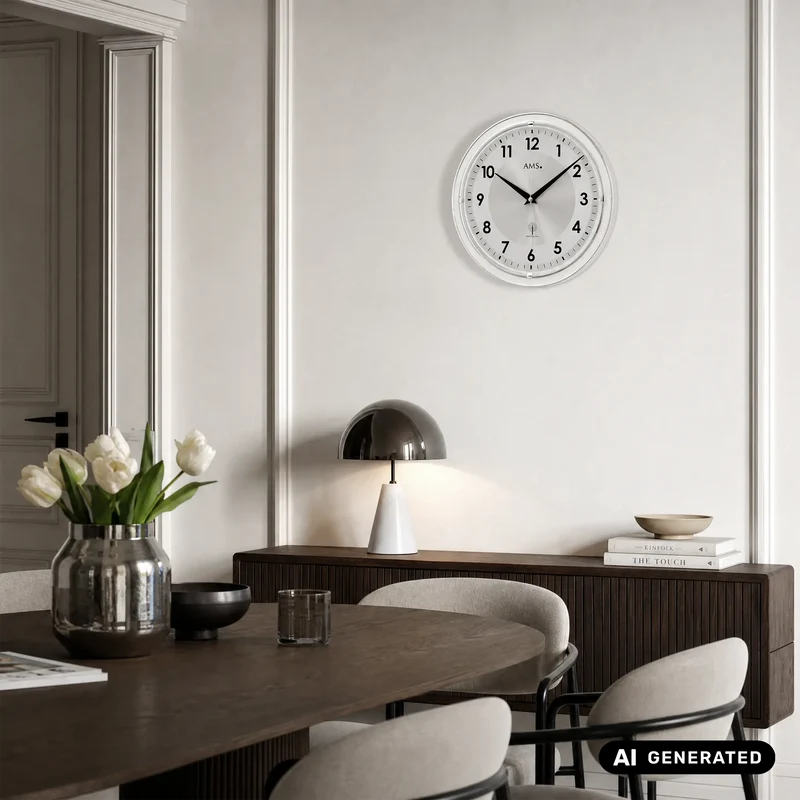 AMS Funk-Wanduhr F5945 Wanduhr Silber • Funkwerk • Mineralglas