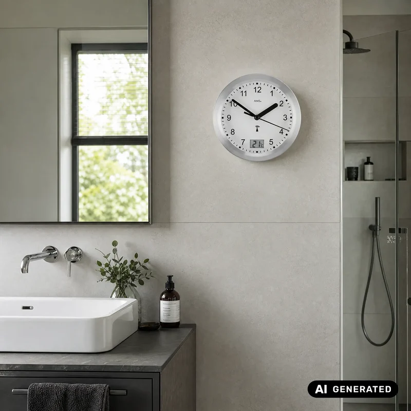 AMS Ducky F5923 Wanduhr Silber • Funk-Uhrwerk • Wassergeschützt für Bad