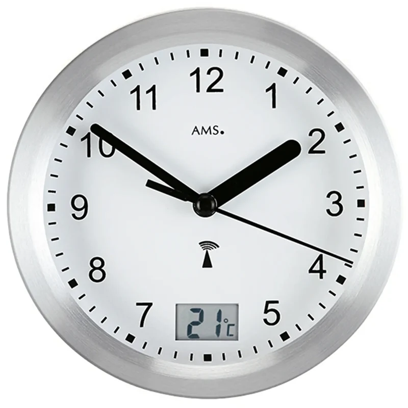 AMS Ducky F5923 Wanduhr Silber • Funk-Uhrwerk • Wassergeschützt für Bad