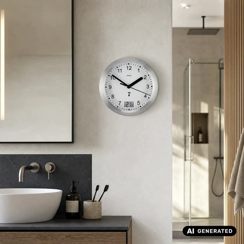 AMS Ducky F5923 Wanduhr Silber • Funk-Uhrwerk • Wassergeschützt für Bad