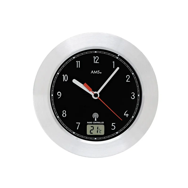 AMS Badezimmeruhr F5919 Wanduhr Silber • Funkwerk mit Temperaturanzeige • Wand- und Tischausführung