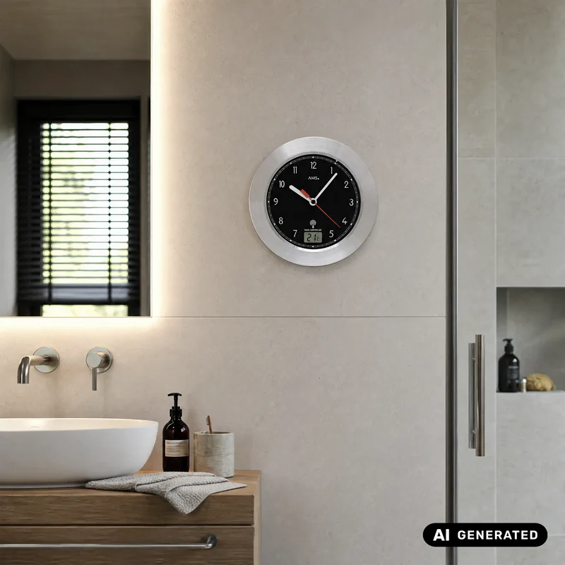 AMS Badezimmeruhr F5919 Wanduhr Silber • Funkwerk mit Temperaturanzeige • Wand- und Tischausführung