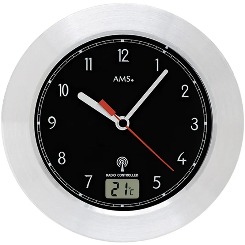 AMS Badezimmeruhr F5919 Wanduhr Silber • Funkwerk mit Temperaturanzeige • Wand- und Tischausführung