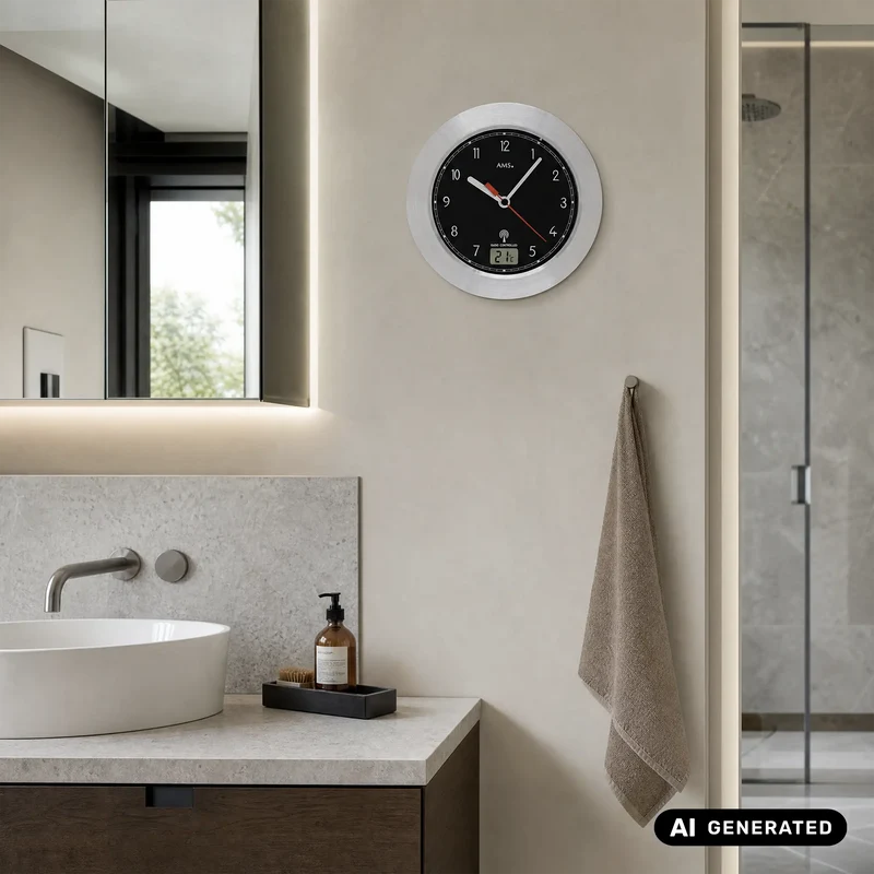 AMS Badezimmeruhr F5919 Wanduhr Silber • Funkwerk mit Temperaturanzeige • Wand- und Tischausführung