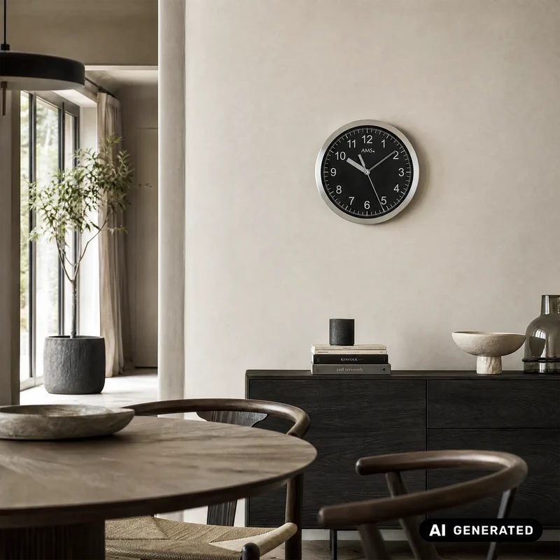 AMS F5911 Wanduhr Schwarz • Funkwerk • Gebürstetes Aluminium