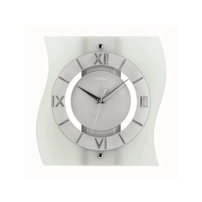 AMS F5909Q Wanduhr Silber • Satiniertes Mineralglas • Aufgelegte Zahlen