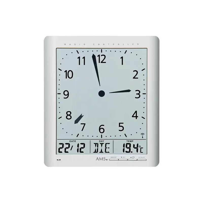 AMS Funk-Wand/ Wanduhr F5898 Wanduhr Silber • Funk-Zeitabgleich • Analog und Digital