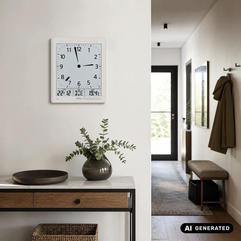 AMS Funk-Wand/ Wanduhr F5898 Wanduhr Silber • Funk-Zeitabgleich • Analog und Digital